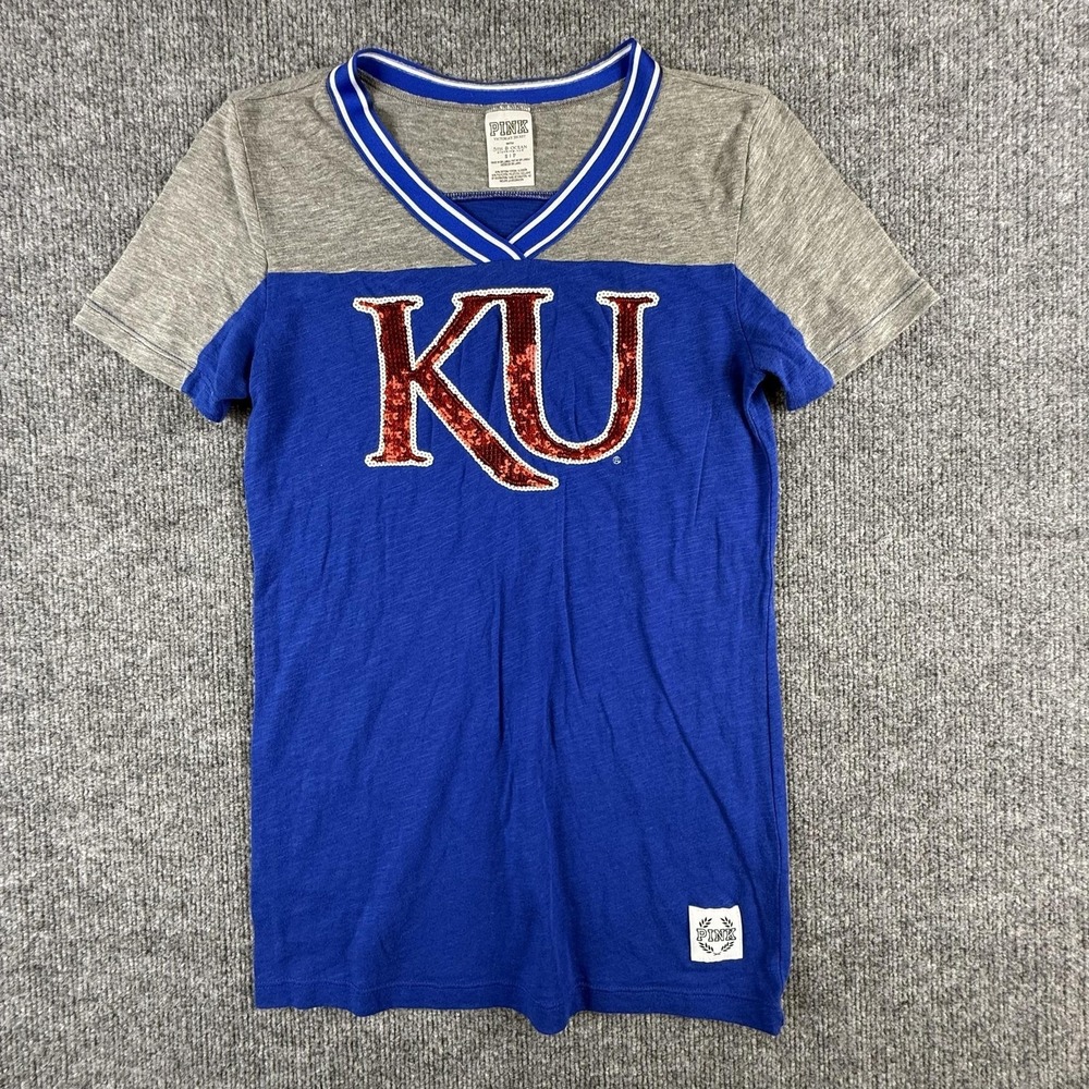 Kansas Jayhawks Shirt Womens Small Blue Gray NCAA‎ College PINK VS Sequin V Neck